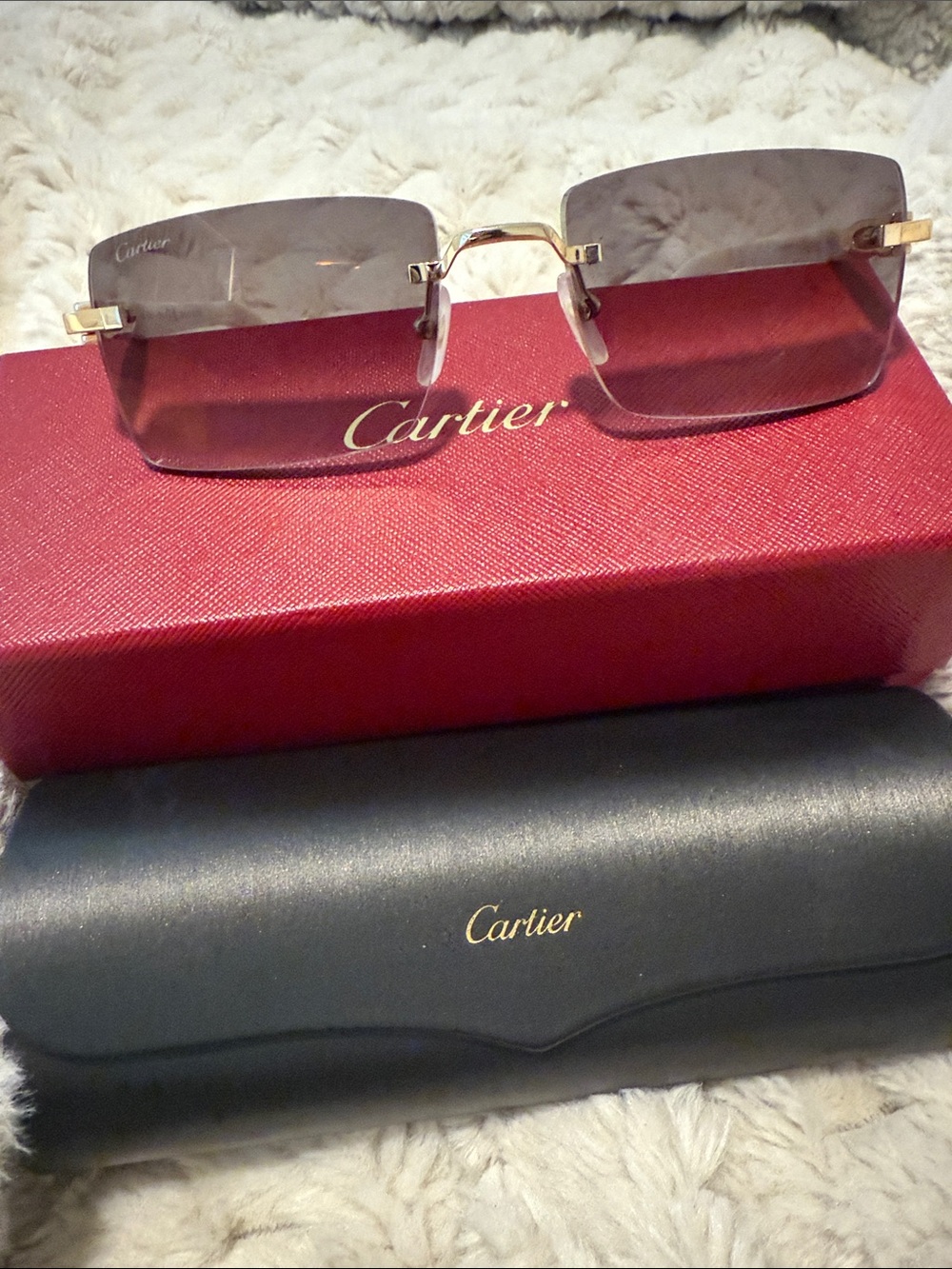Cartier Gold-Accented Rimless Sunglasses with Smoke Gradient Lenses